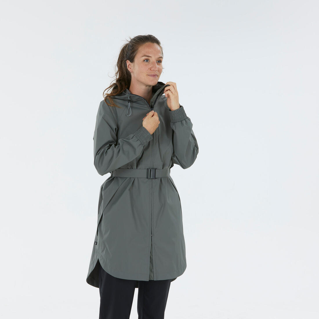 Veste de randonnée imperméable femme, Raincut Longue – vert Kaki cendré