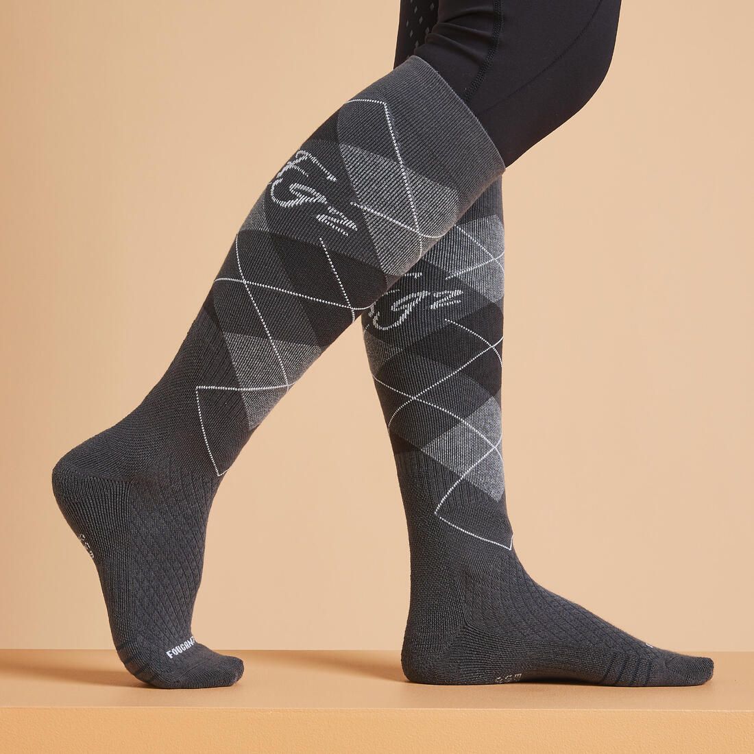 Chaussettes d'équitation 500 adulte losanges noir, gris et rose. lot de 2