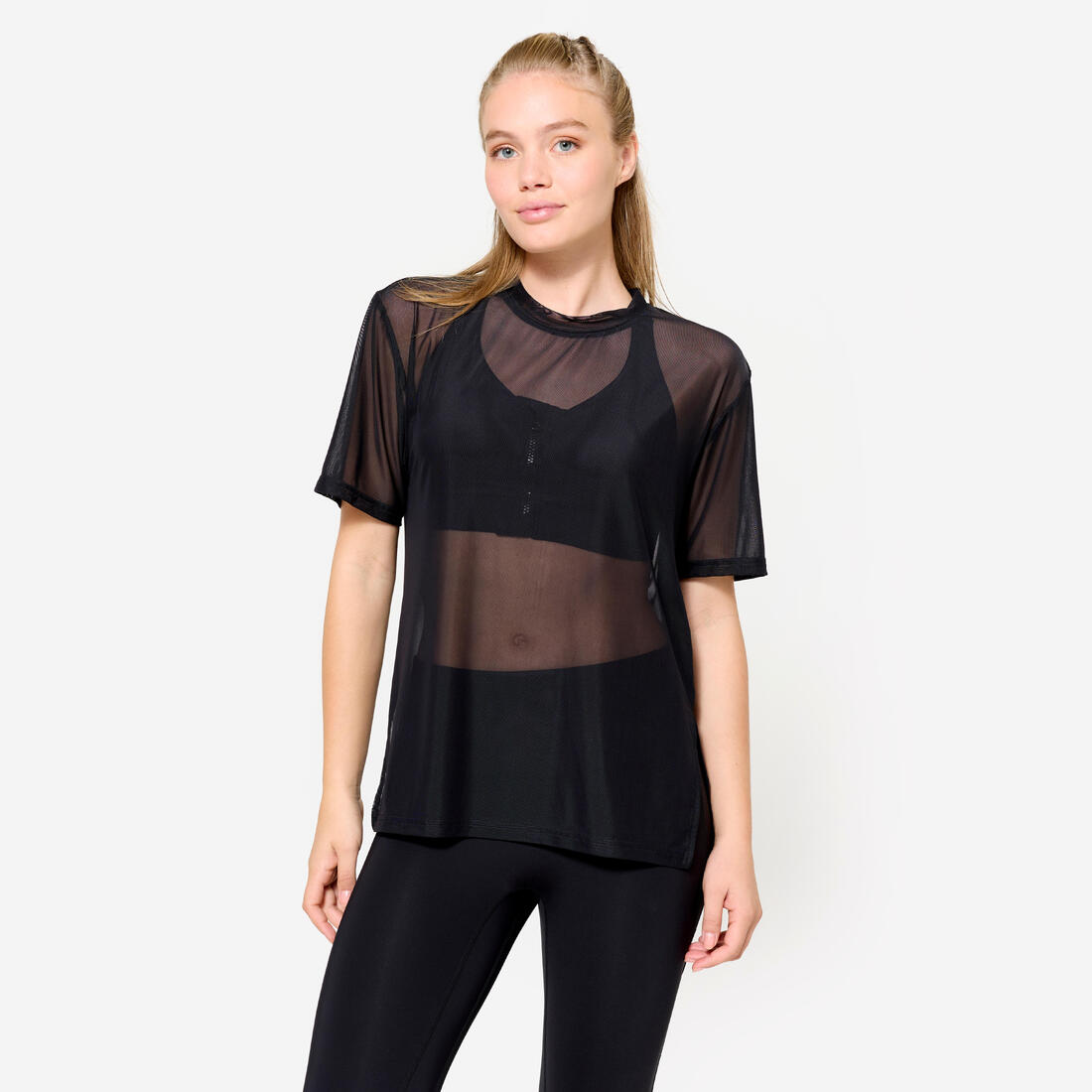 T-shirt de fitness résille et loose femme, noir