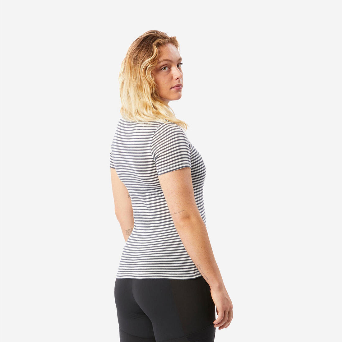 T-shirt de trek voyage - manches courtes - laine mérinos TRAVEL 100 bleu Femme