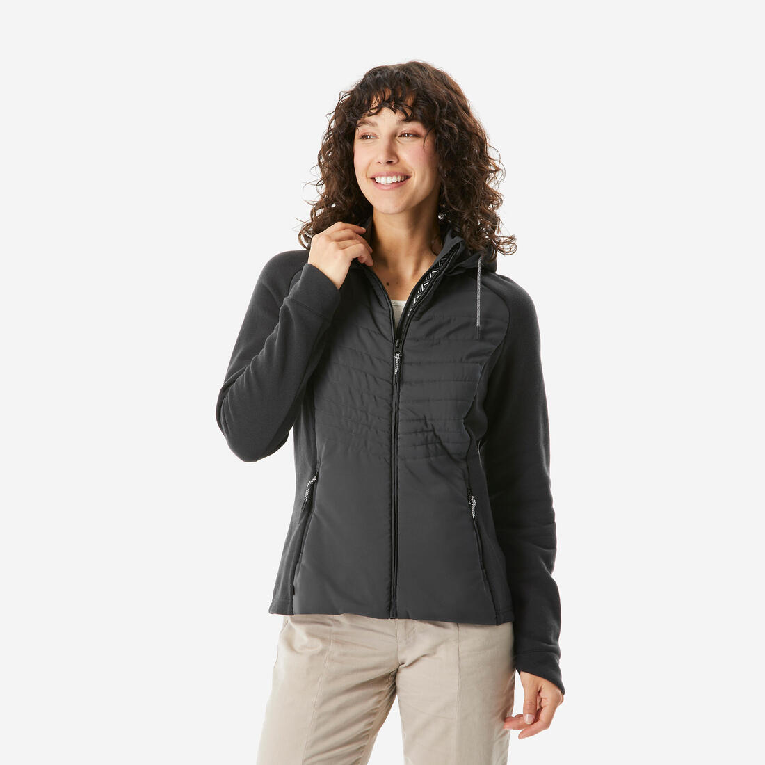 Sweat à capuche de randonnée femme, NH500 Hybrid noir