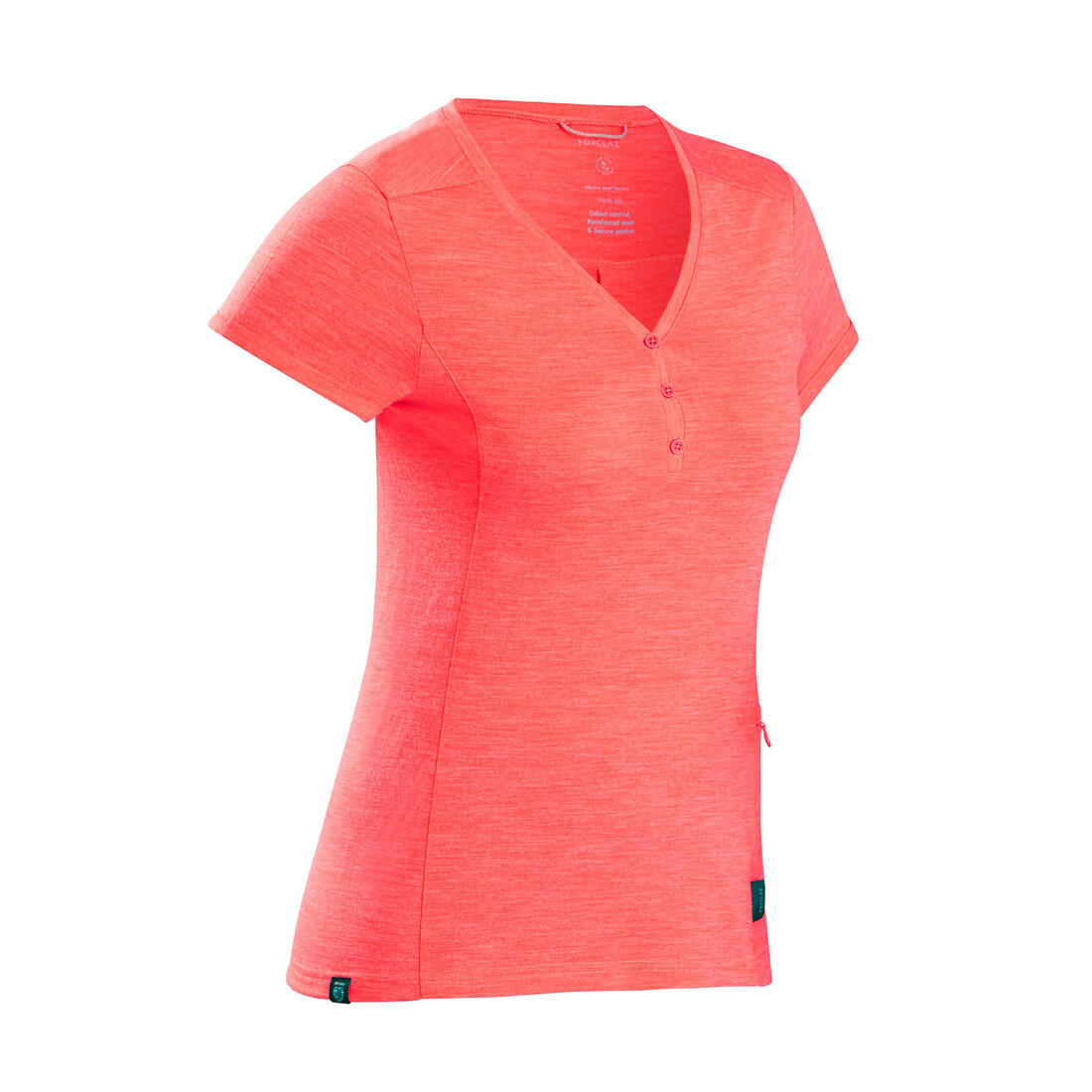 T-shirt de trek voyage - manches courtes - laine mérinos TRAVEL 500 corail Femme