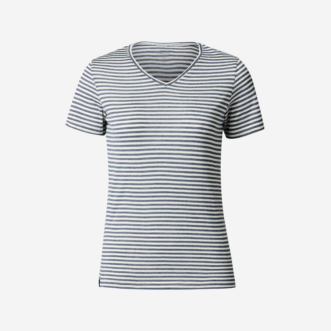 T-shirt de trek voyage - manches courtes - laine mérinos TRAVEL 100 bleu Femme