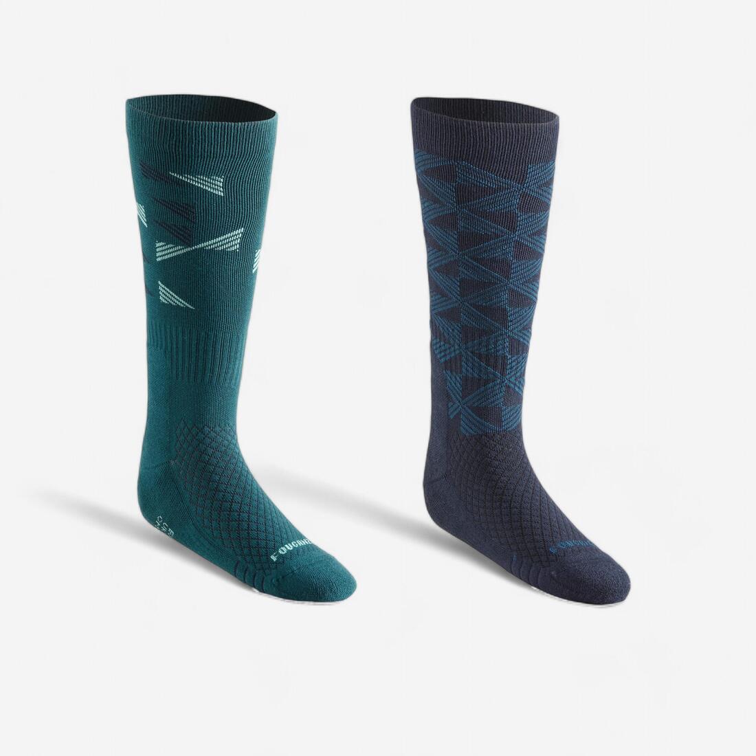 Chaussettes équitation  500 adulte losangesvert pétrole/marine. lot de 2