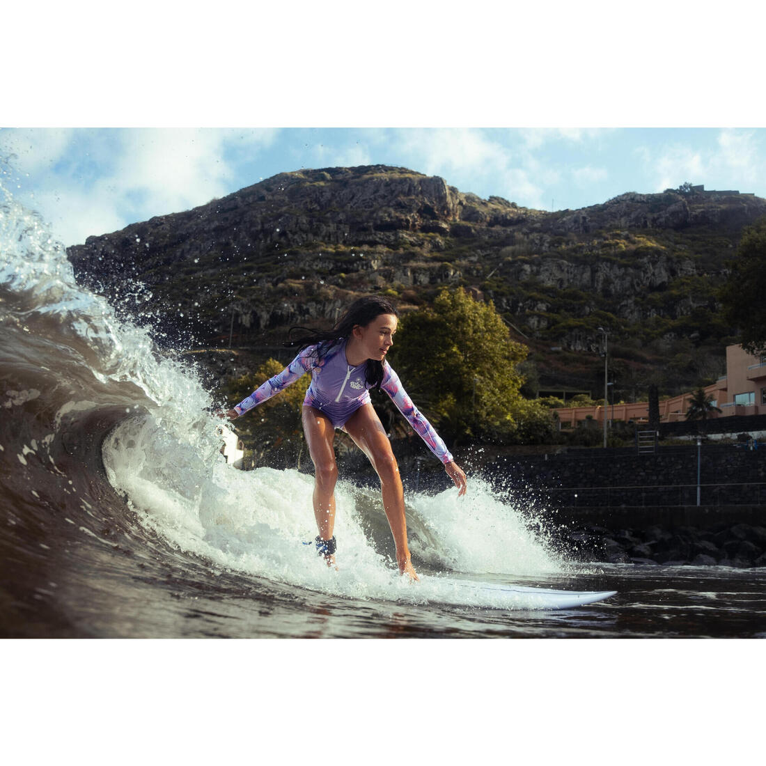 Maillot de bain une pièce surf manches longues zip avant Fille - 500