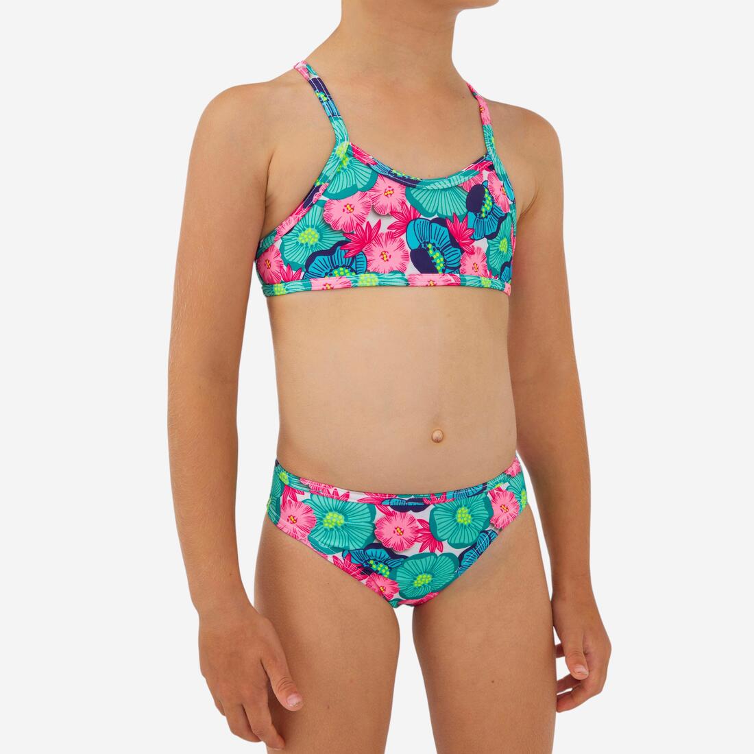 Maillot 2 pièces fleuri surf bretelles croisées fille