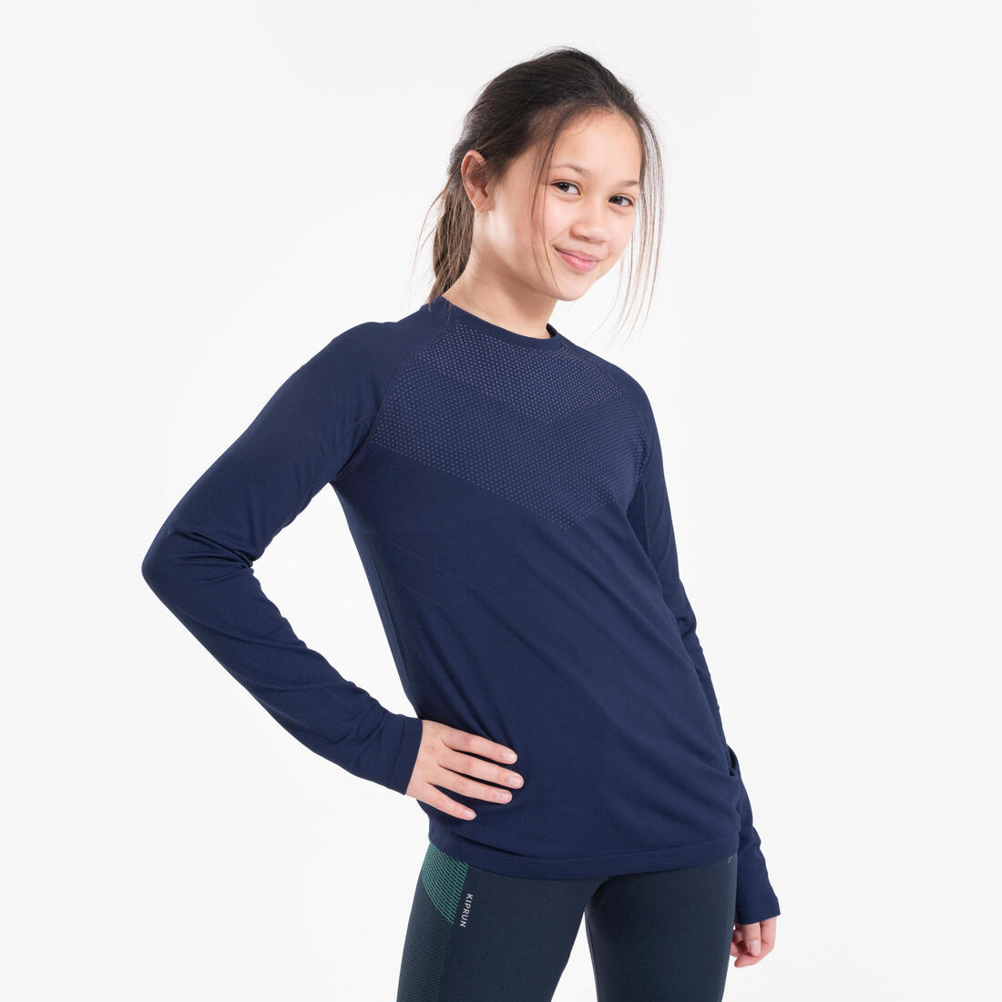 T-shirt manches longues de running Enfant,  KIPRUN SKINCARE marine