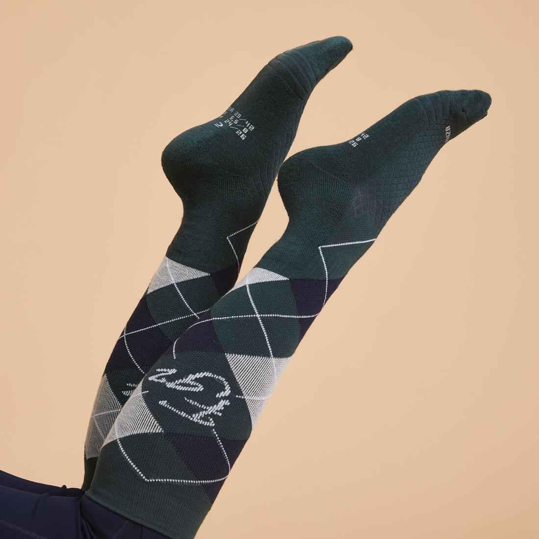 Chaussettes d'équitation 500 adulte losanges noir, gris et rose. lot de 2