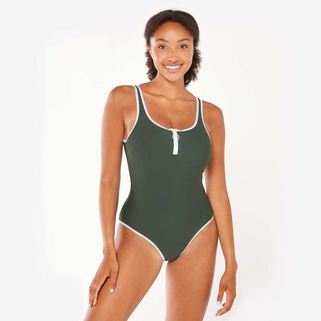 Maillot de bain 1 pièce natation Femme - Heva Joy zip – vert fumé