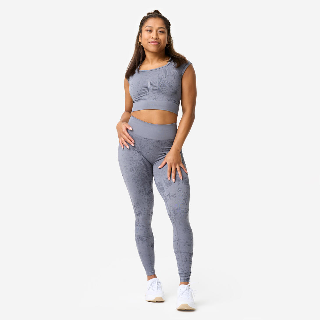 Tee-shirt crop top seamless femme, imprimé gris
