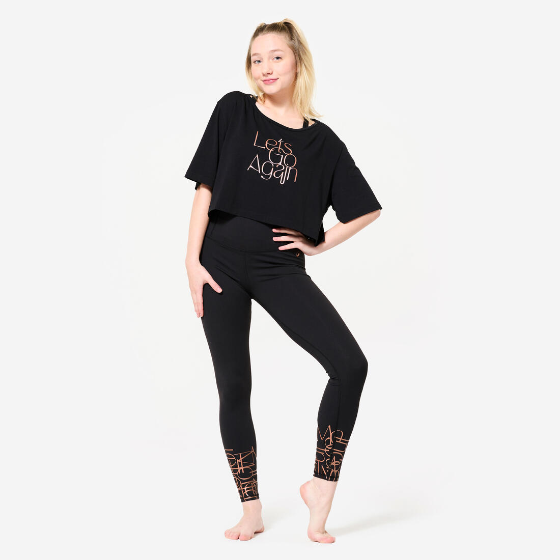 Legging danse moderne taille haute ceinture plate femme, noir fumé
