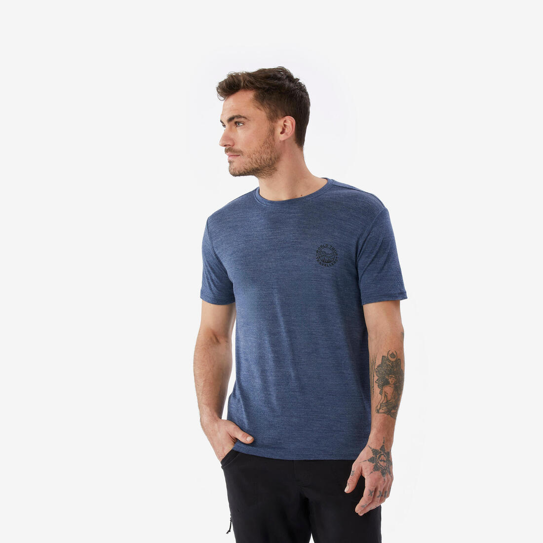 T-shirt de trek voyage manches courtes laine mérinos Homme - TRAVEL 500 – bleu abysse