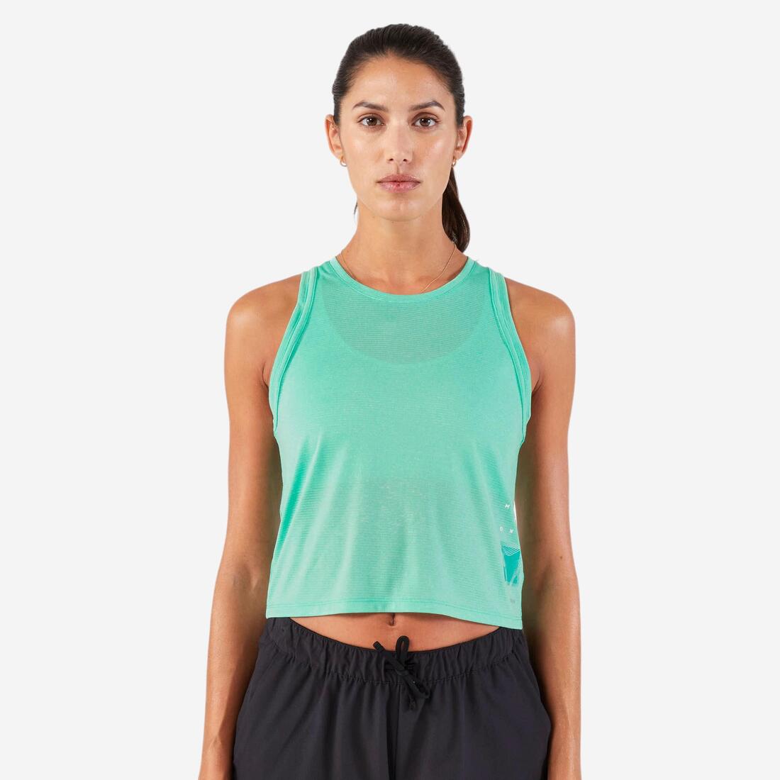 Débardeur court de running respirant femme - kiprun run 500 dry – vert écume