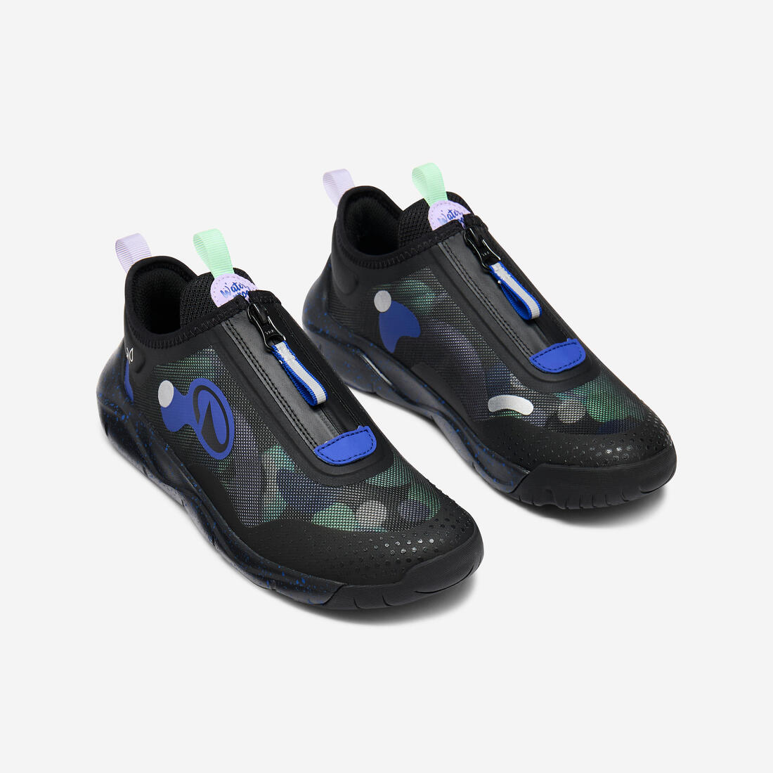 Chaussures de sport zippées imperméables enfant, Playful vert gris bleu et noir