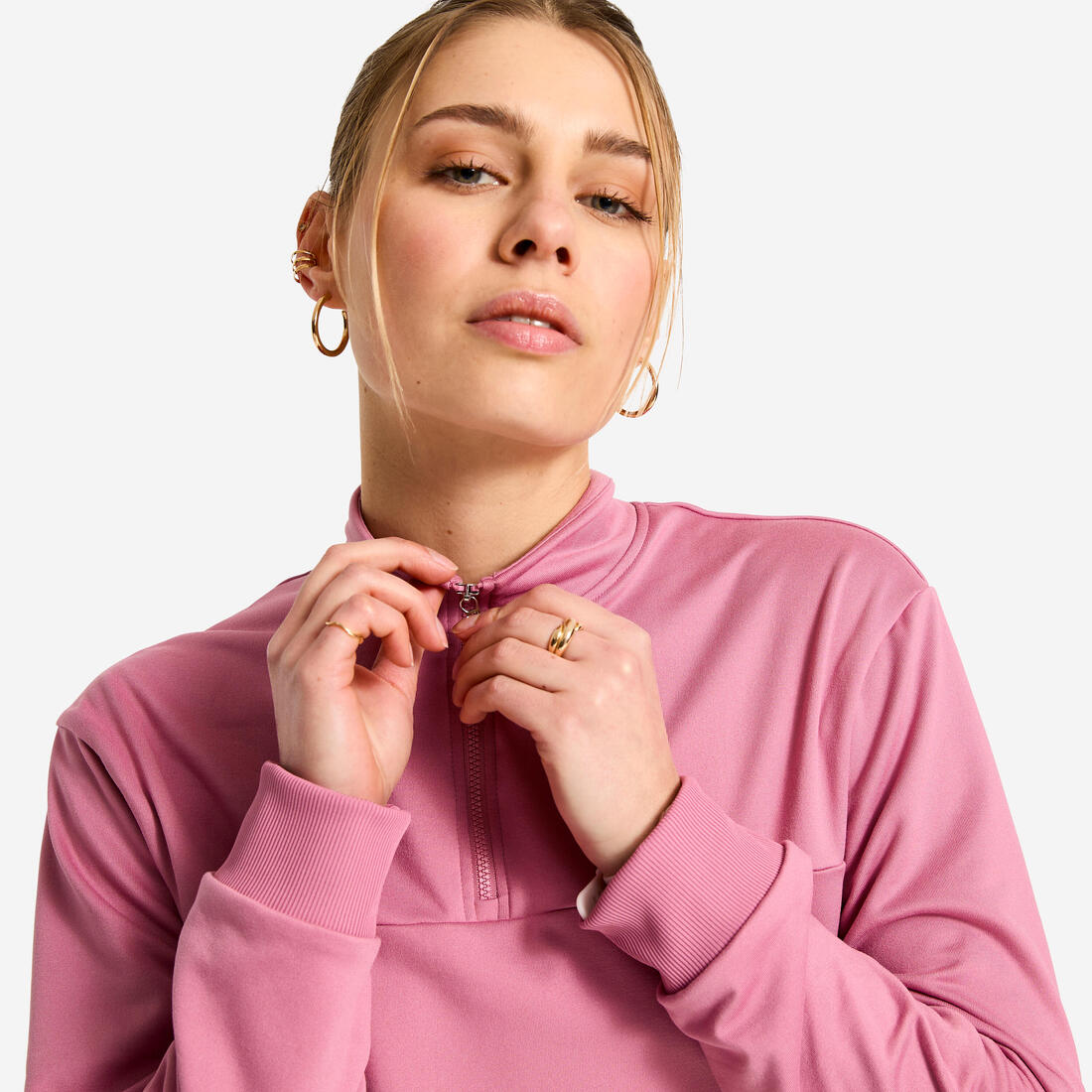 Sweat Manches Longues Col Zippé Fitness Cardio Femme Corail
