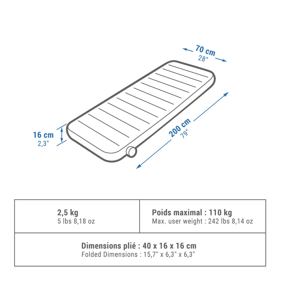 Matelas gonflable de camping 1 personne, 200x70 cm, Air seconds comfort