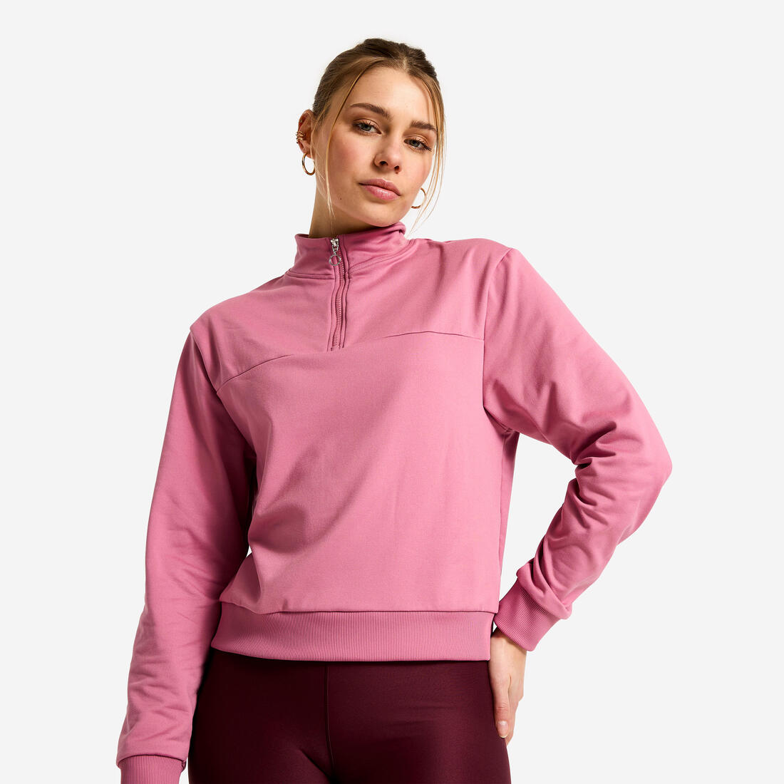 Sweat Manches Longues Col Zippé Fitness Cardio Femme Corail