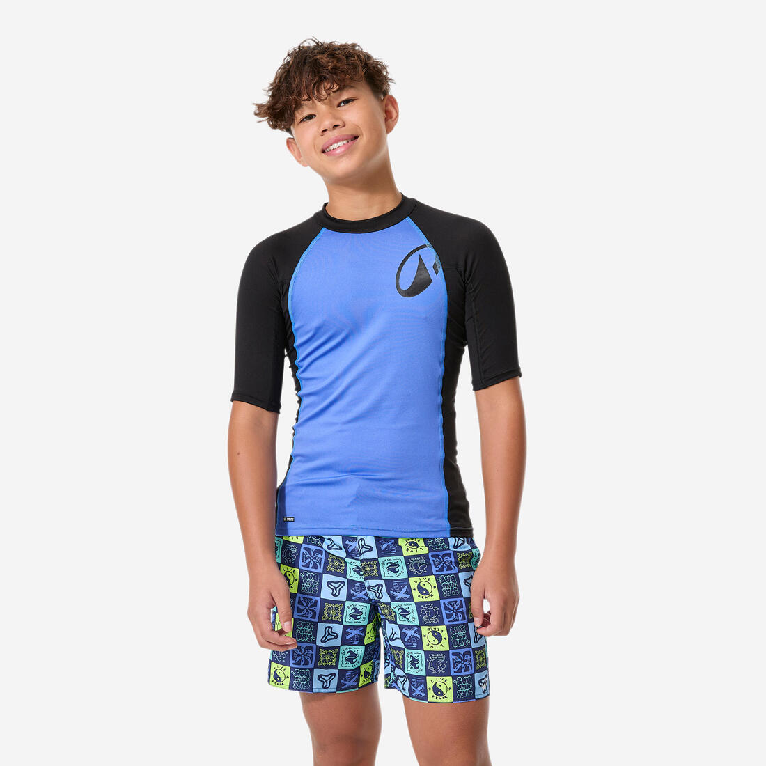Top anti uv surf manches courtes garçon, 500 bleu et
