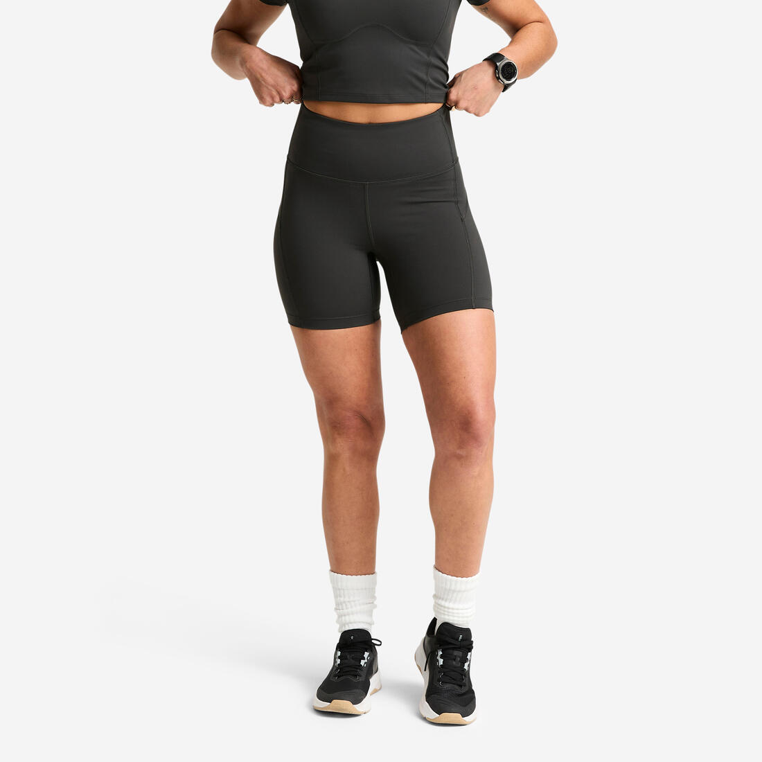 Short de sport taille haute mi-cuisses femme, Shape gris foncé