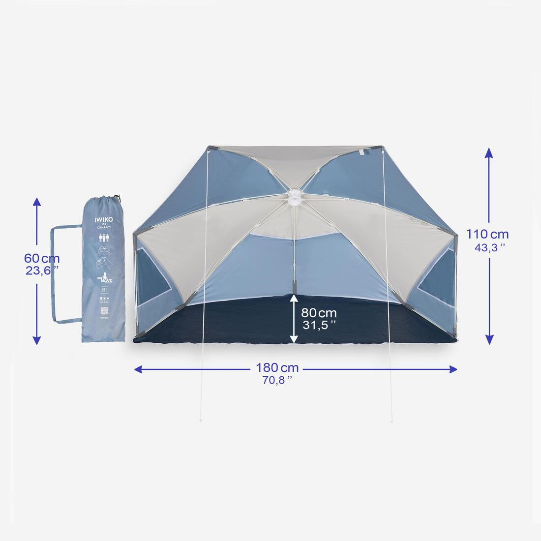 Tente de plage compacte 3 places UPF 50+ diamètre 180cm - Iwiko gris beige