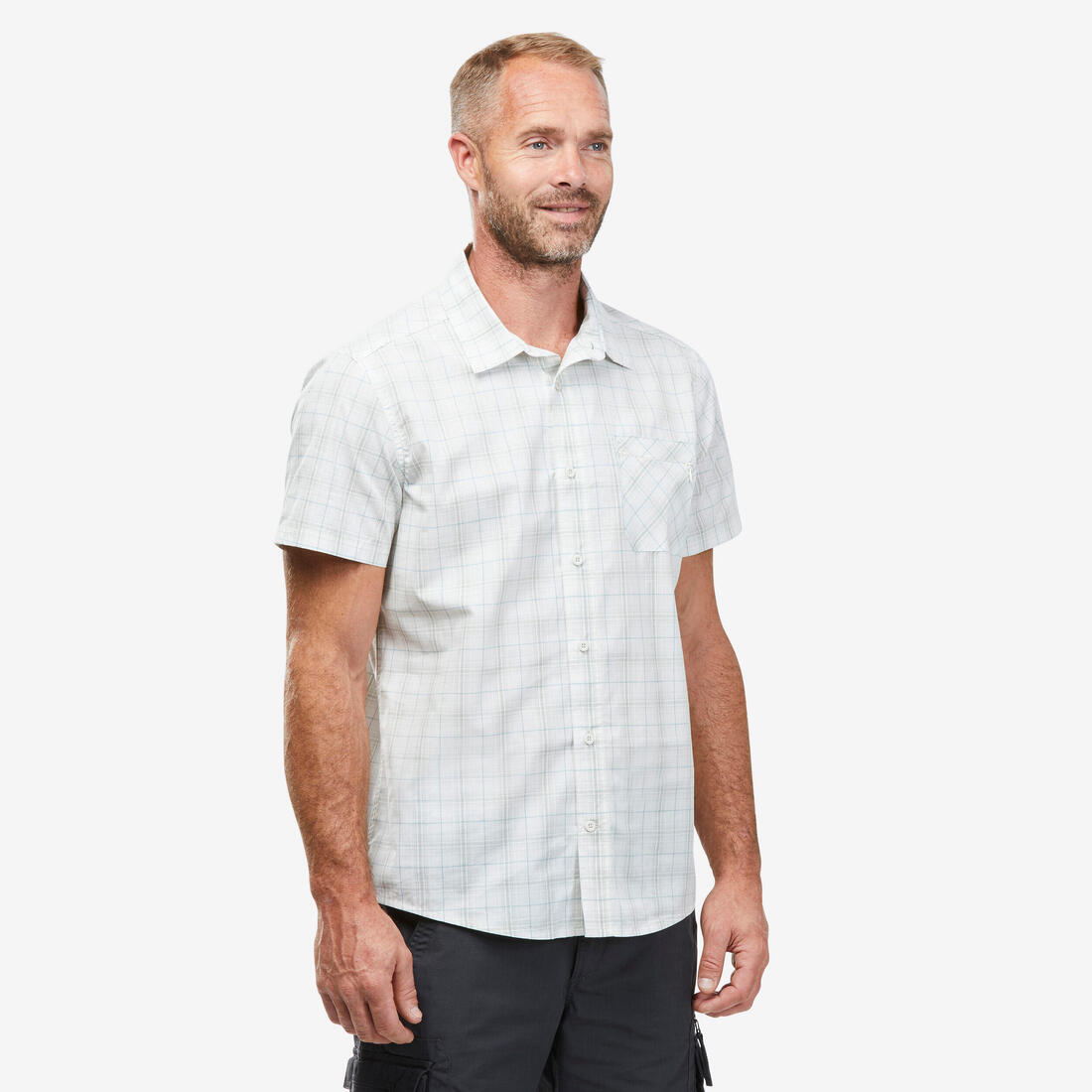 Chemise de Trekking voyage TRAVEL 100 carreaux manches courtes blanche homme – blanc coton