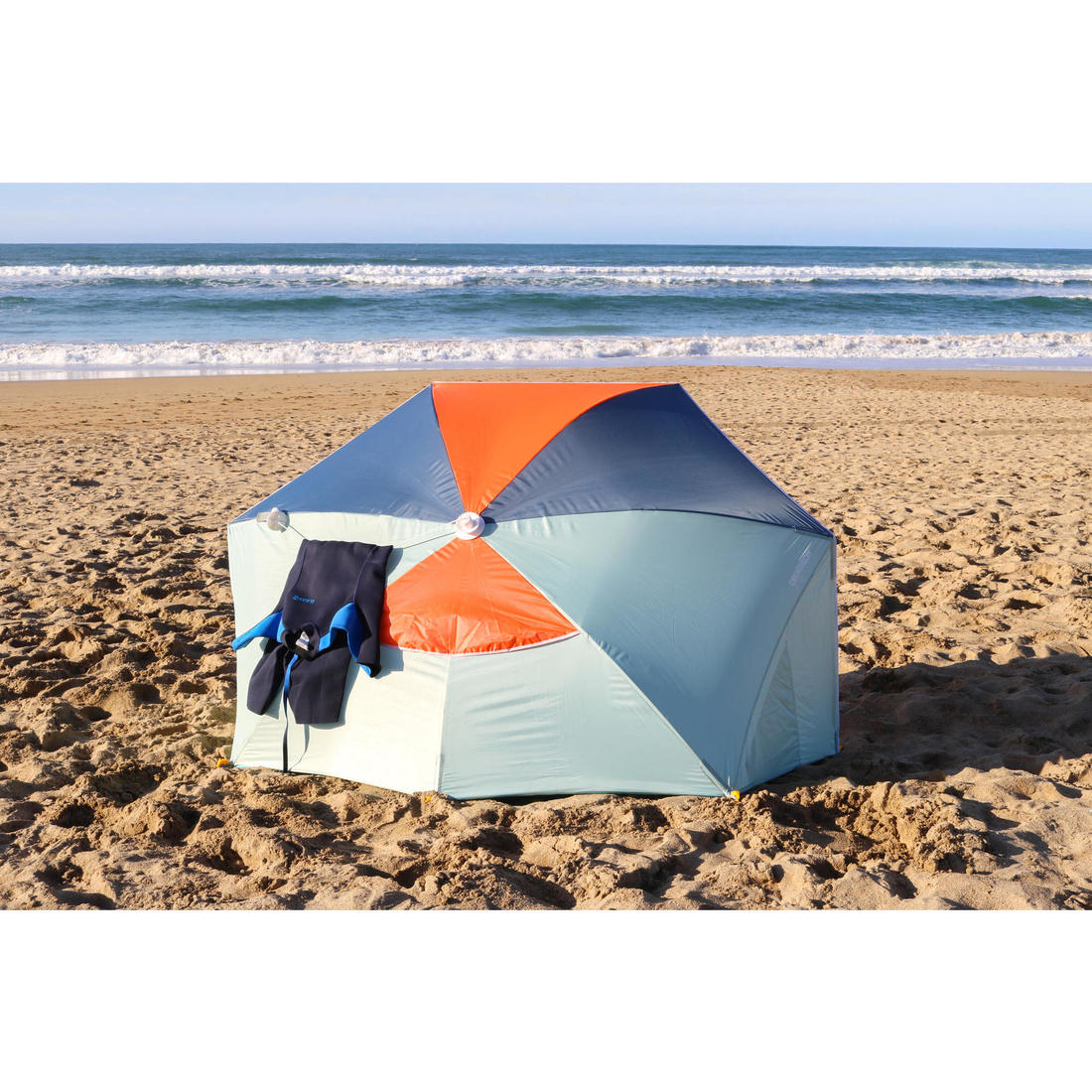 Parasol Abri plage solaire Iwiko 180 bleu jaune UPF50+ 3 places