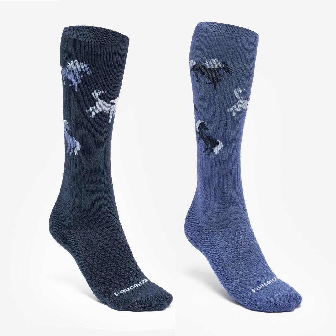 Chaussettes d'équitation enfant sks 500 motifs poneys marine et rose. lot de 2