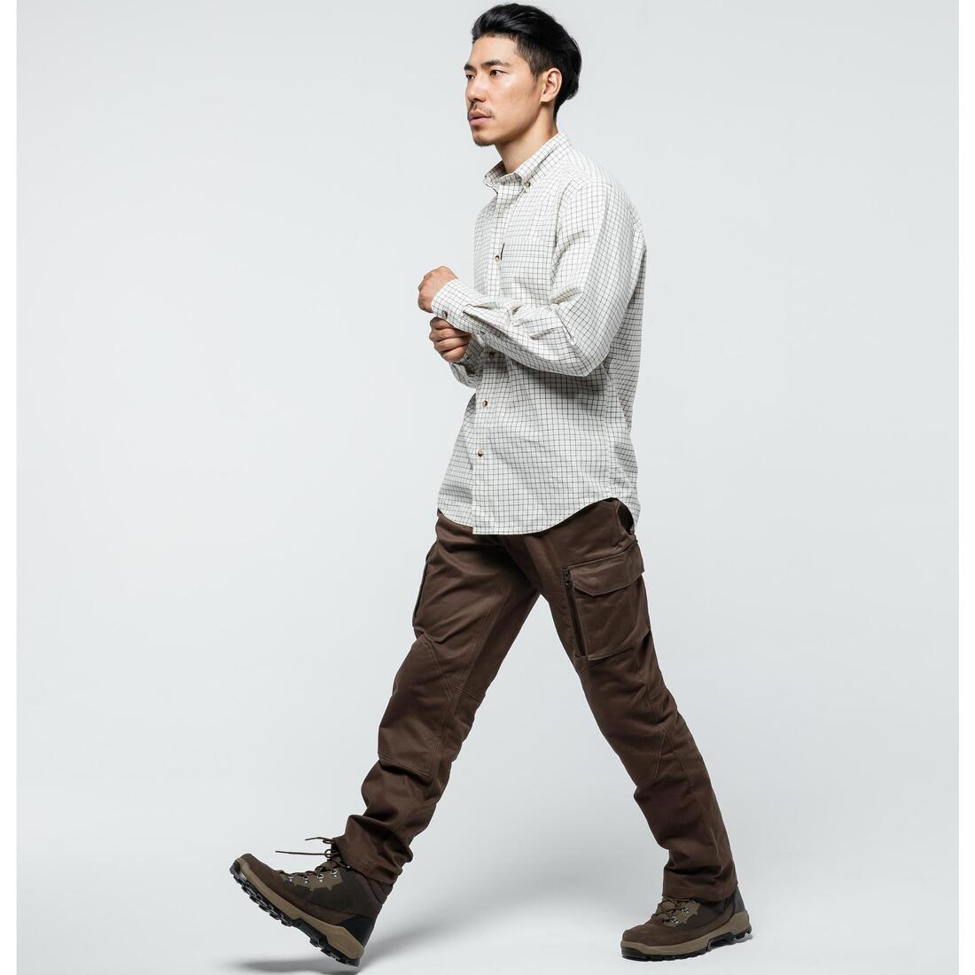 Chemise chasse coton manches longues respirant homme - 100 à carreaux beige.