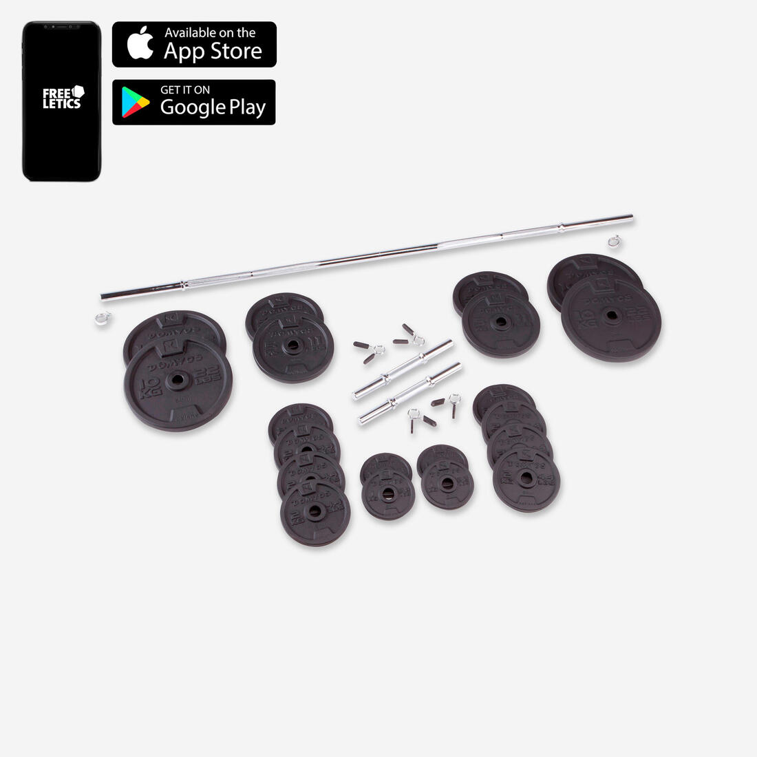 Kit 93 kg haltères et barres musculation avec disque de fonte en partie recyclée