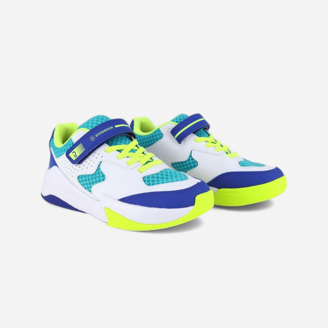 Chaussures de volley-ball vs100 confort à lacets blanche/blue et vert.