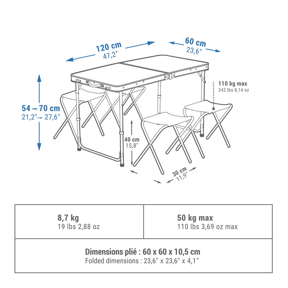 Table de camping pliante, 4 tabourets, 4 à 6 personnes