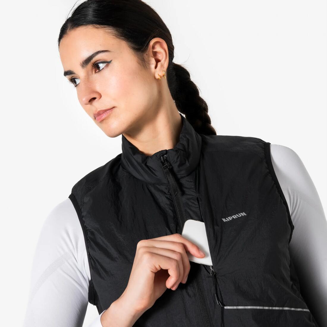 Veste sans manches chaude de running Femme, KIPRUN SM 500 Run warm noire