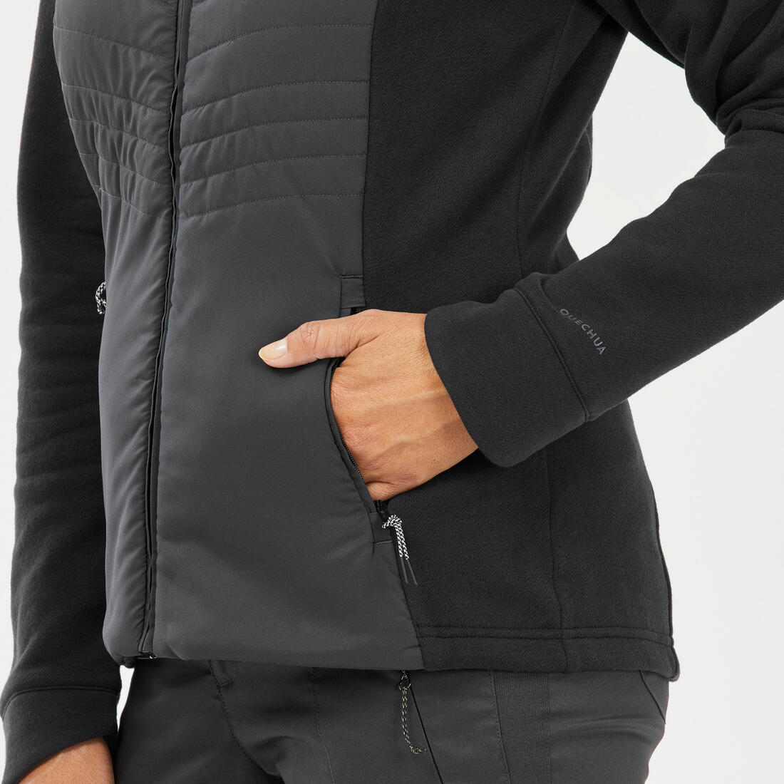Sweat à capuche de randonnée femme, NH500 Hybrid noir
