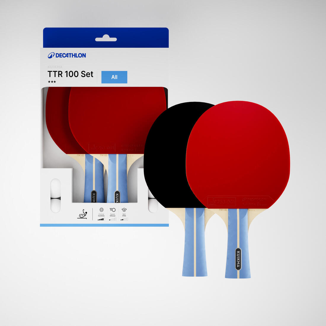 SET 2 RAQUETTES TTR 100 POLYVALENTE 3* ITTF ÉCOLE + BALLES