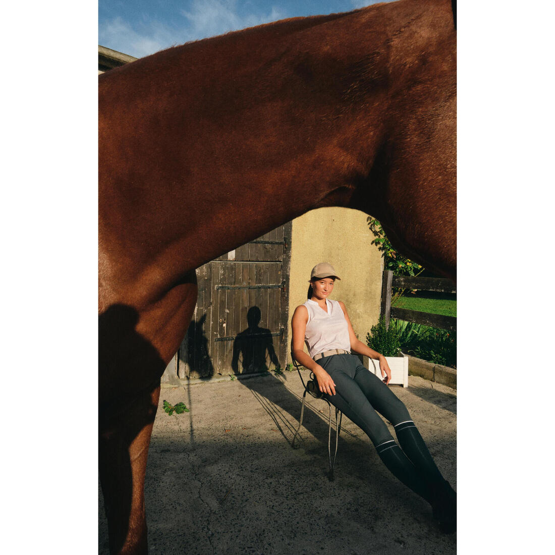Débardeur équitation femme 500 MESH beige print