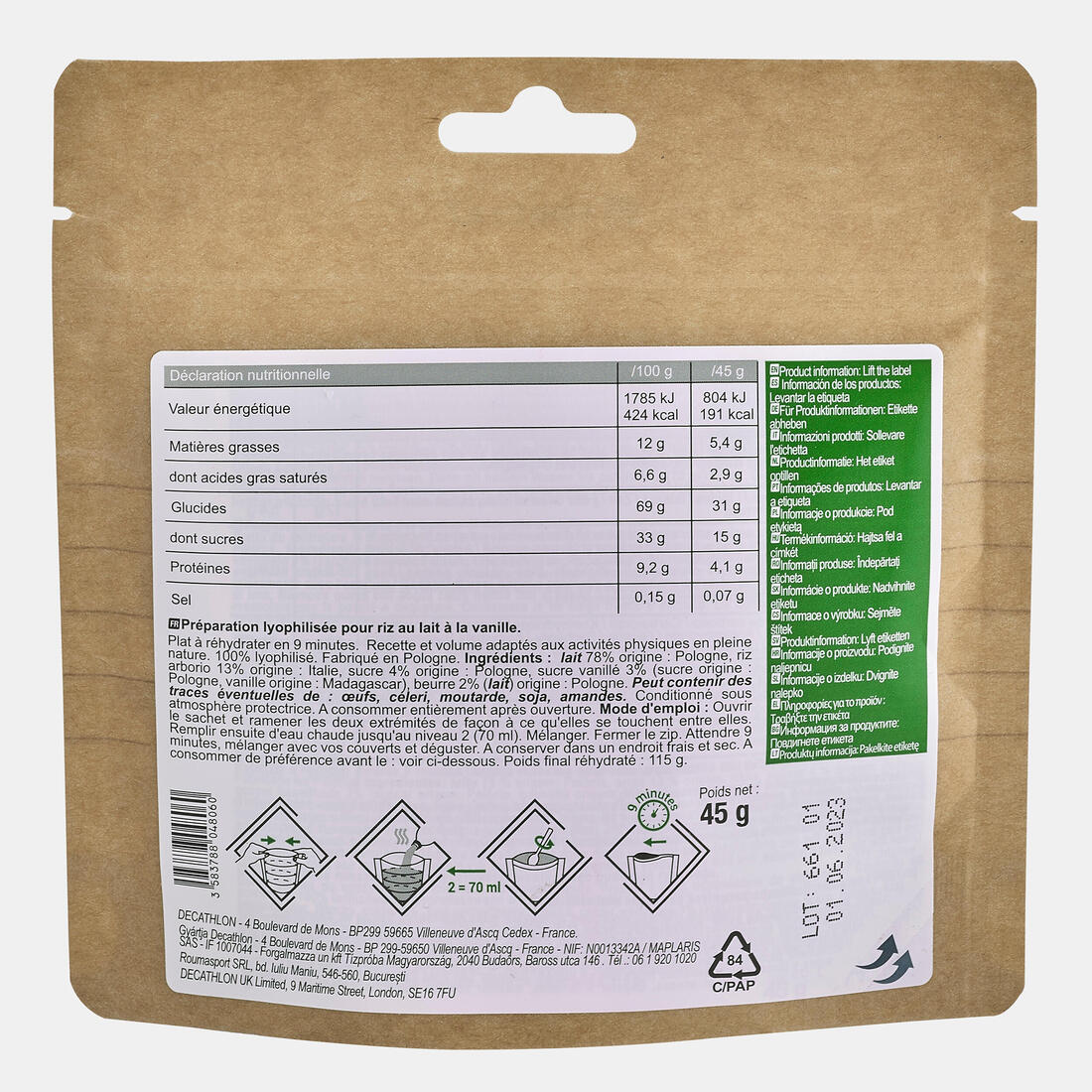 Dessert lyophilisé - Riz au lait à la vanille - 45 g