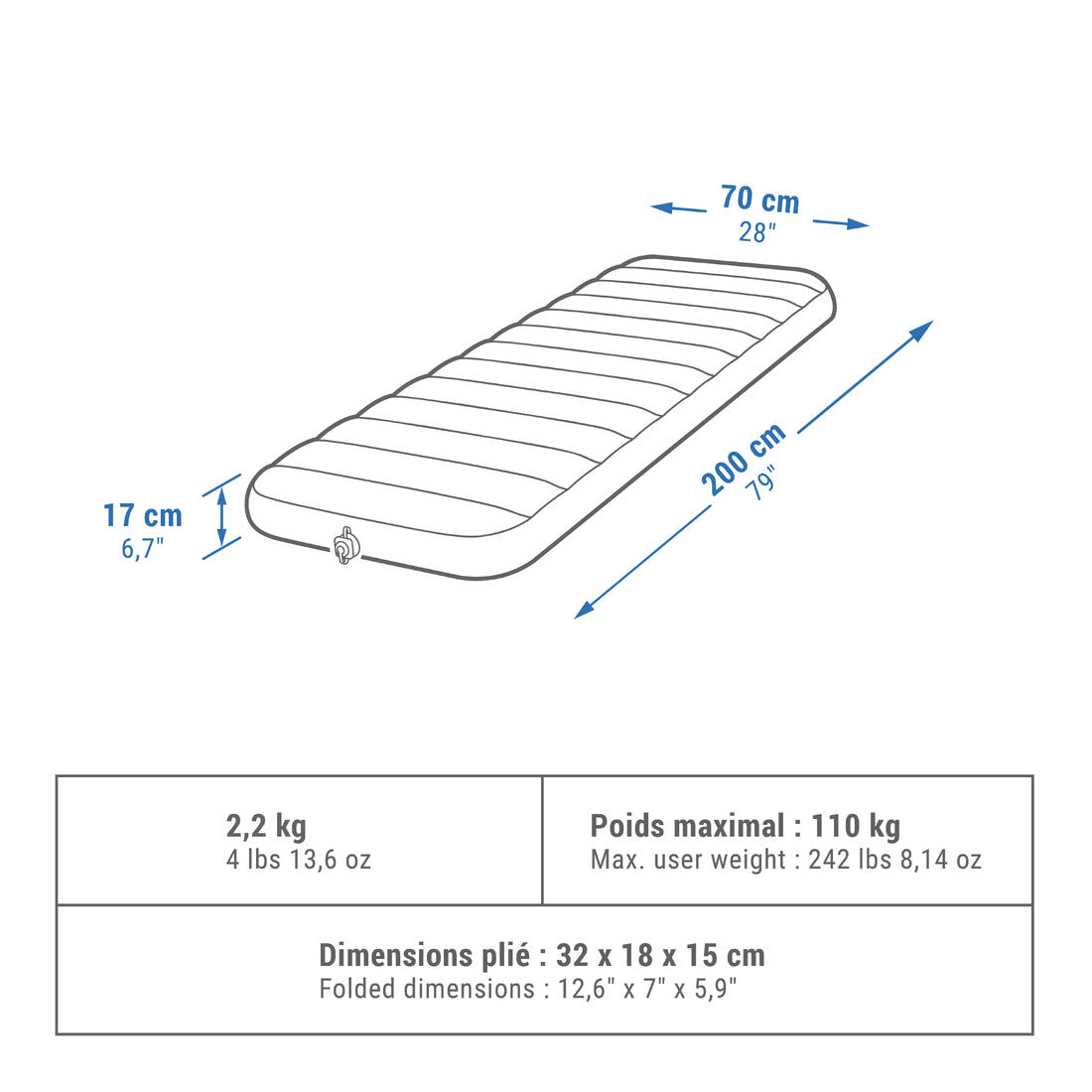 Matelas gonflable de camping 1 personne, 200x70cm, Air comfort
