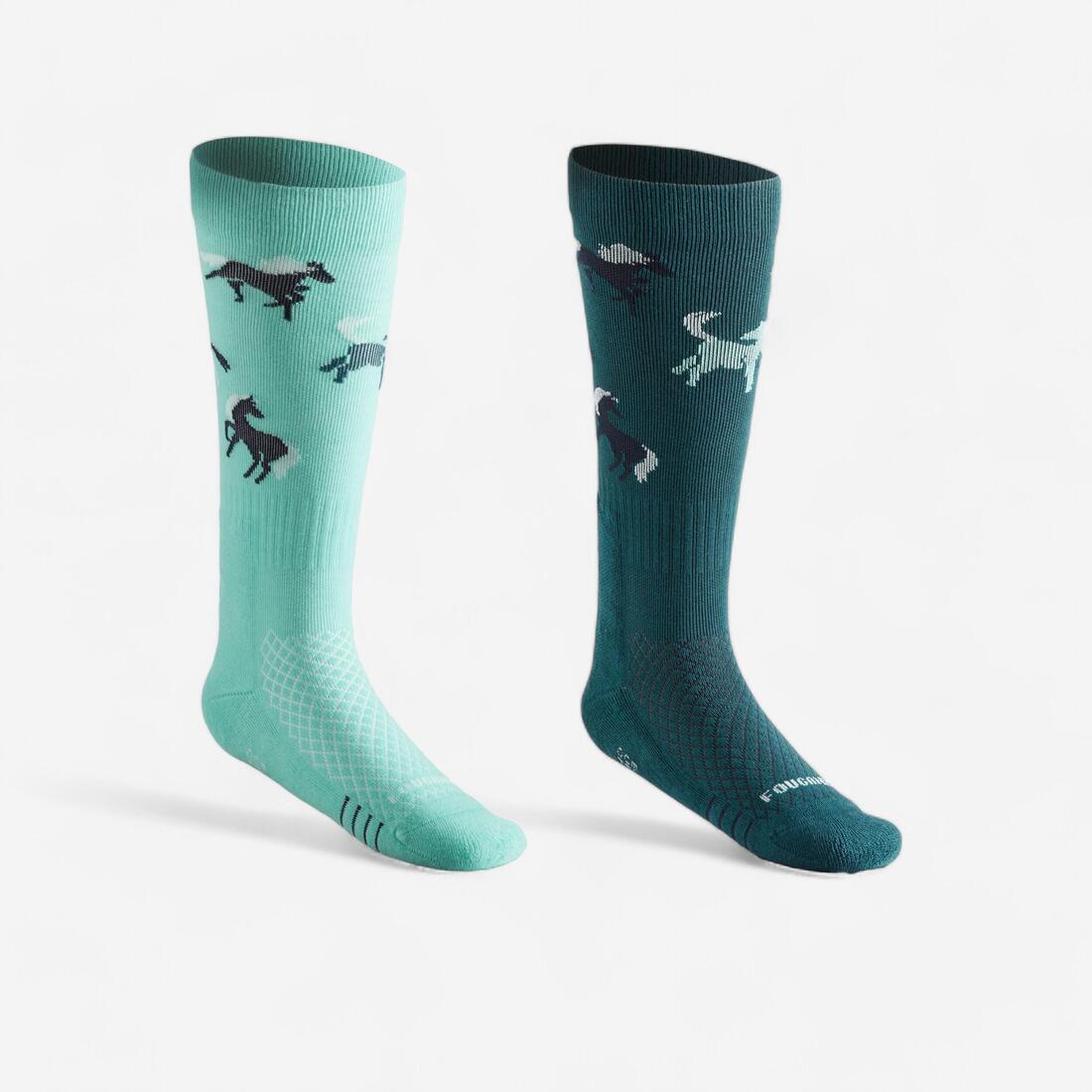 Chaussettes d'équitation enfant sks 500 motifs poneys marine et rose. lot de 2