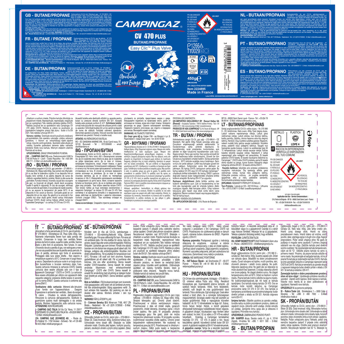 Cartouche de gaz pour réchaud à valve 450g, CV 470+