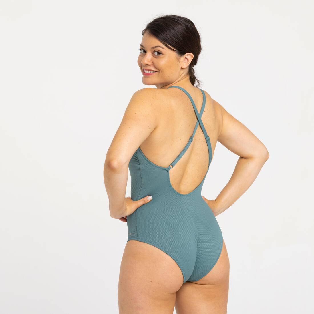 Maillot de bain 1 pièce texturé natation encolure haute femme, Lila high