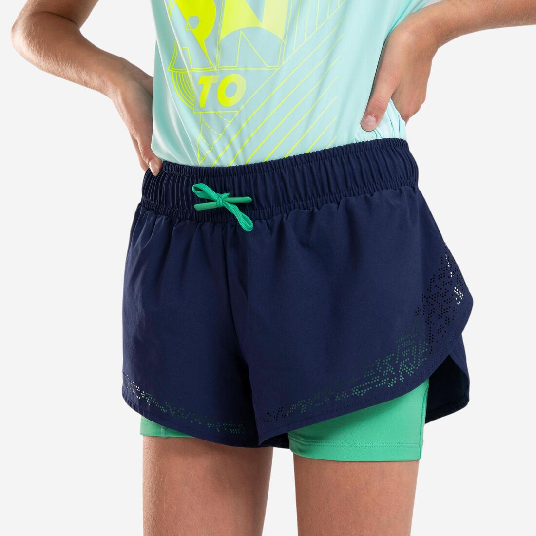Short cuissard de running respirant Fille - KIPRUN DRY+ 2 en 1 marine et