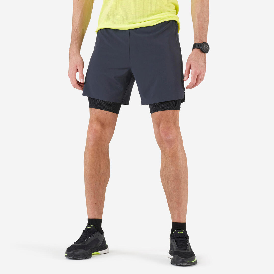 Short 2 en 1 de running Homme - KIPRUN Run 500 Confort Noir