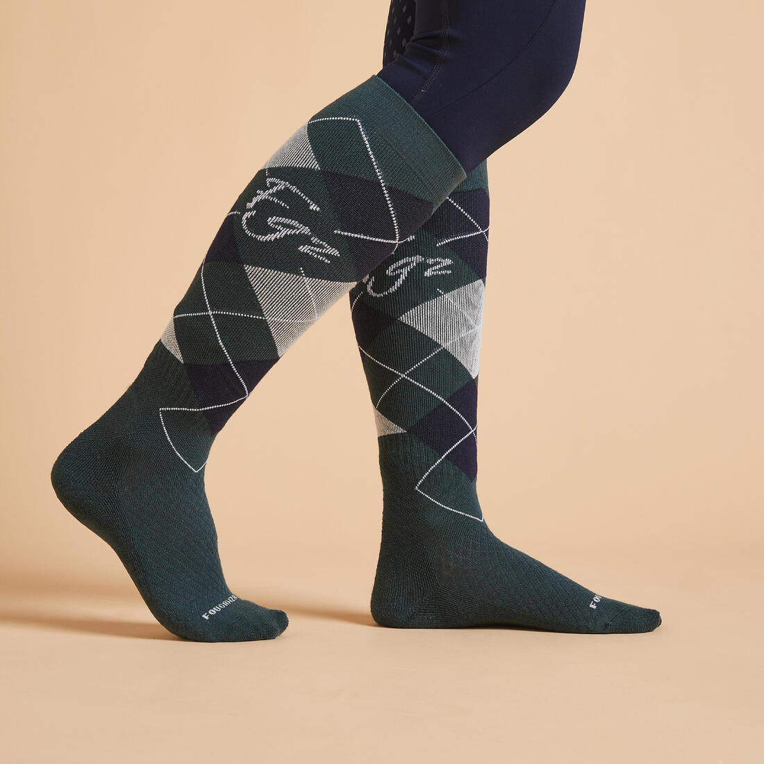 Chaussettes d'équitation 500 adulte losanges noir, gris et rose. lot de 2