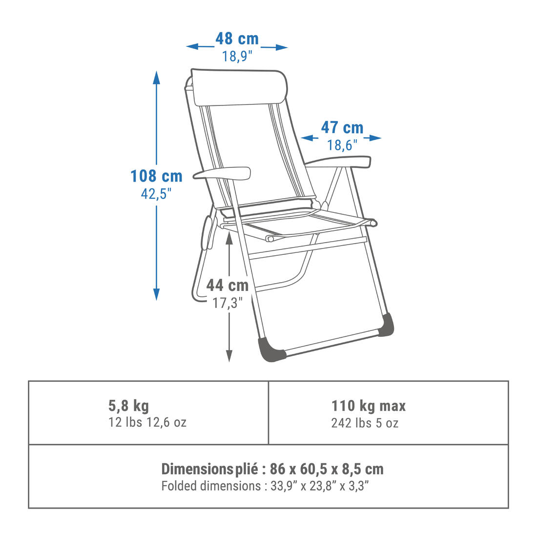 FAUTEUIL INCLINABLE - CONFORTABLE & PLIANT - DE CAMPING