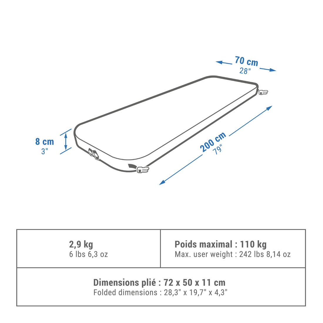 Matelas autogonflant de camping 1 personne, 200x70 cm, Ultim comfort gris