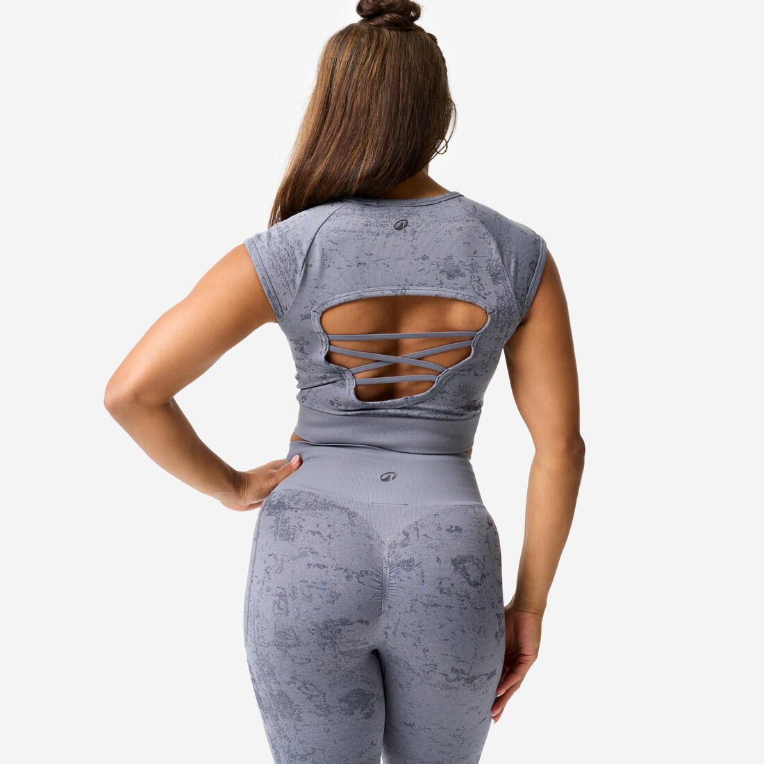 Tee-shirt crop top seamless femme, imprimé gris