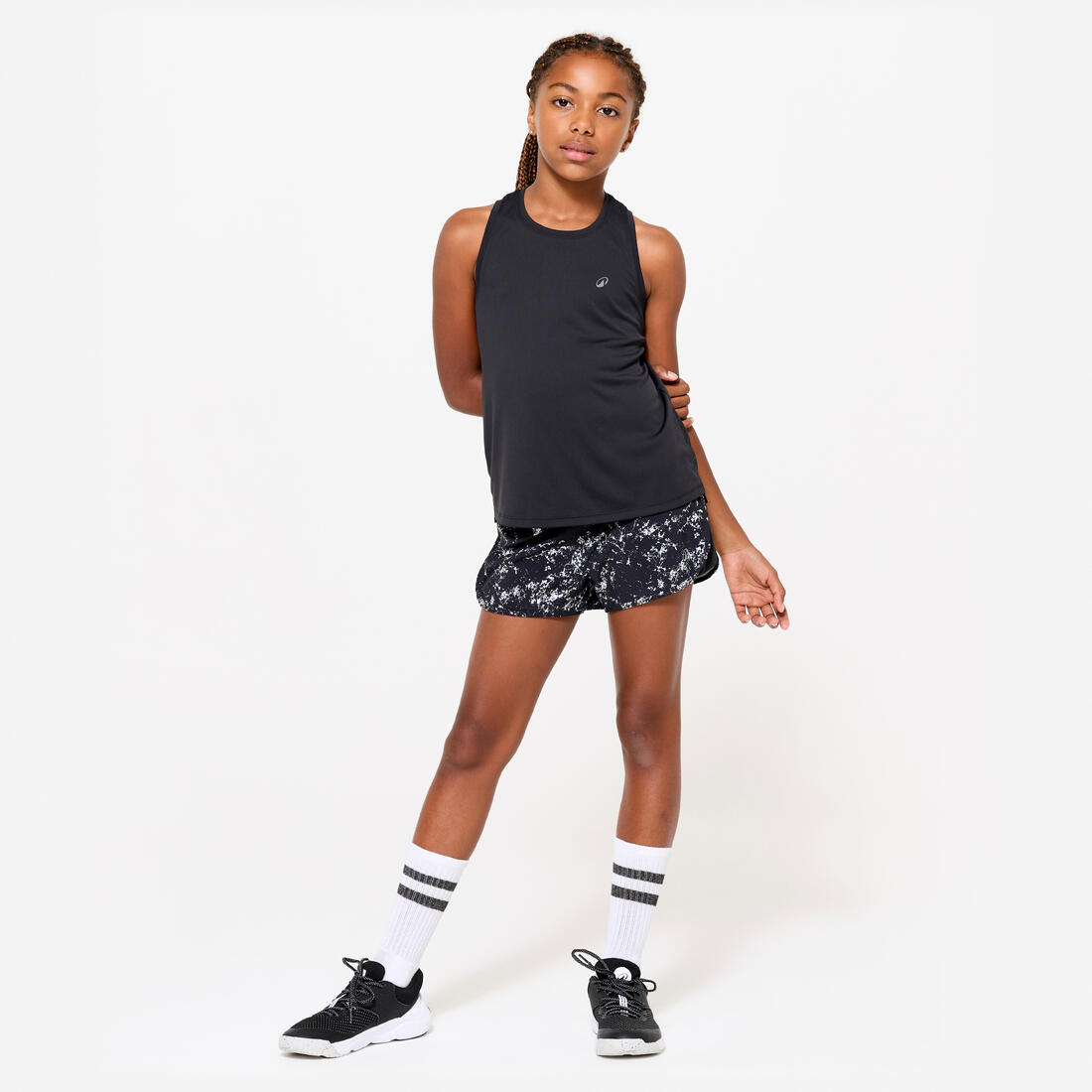 Short multisport respirant 2 en 1 fille, Imprimé noir et