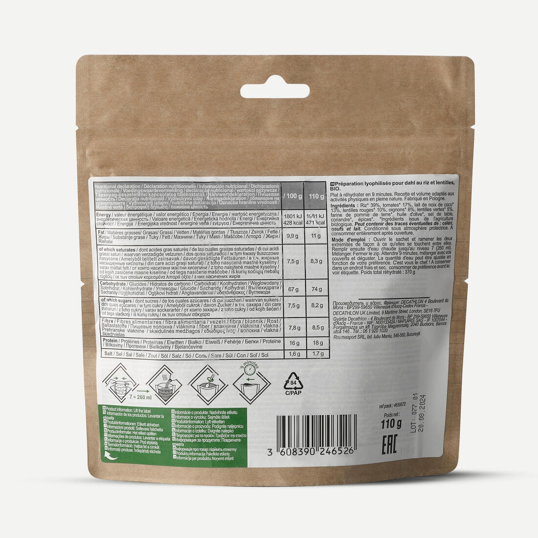 Repas lyophilisé végétarien et bio - Dahl au riz et lentilles - 110 g