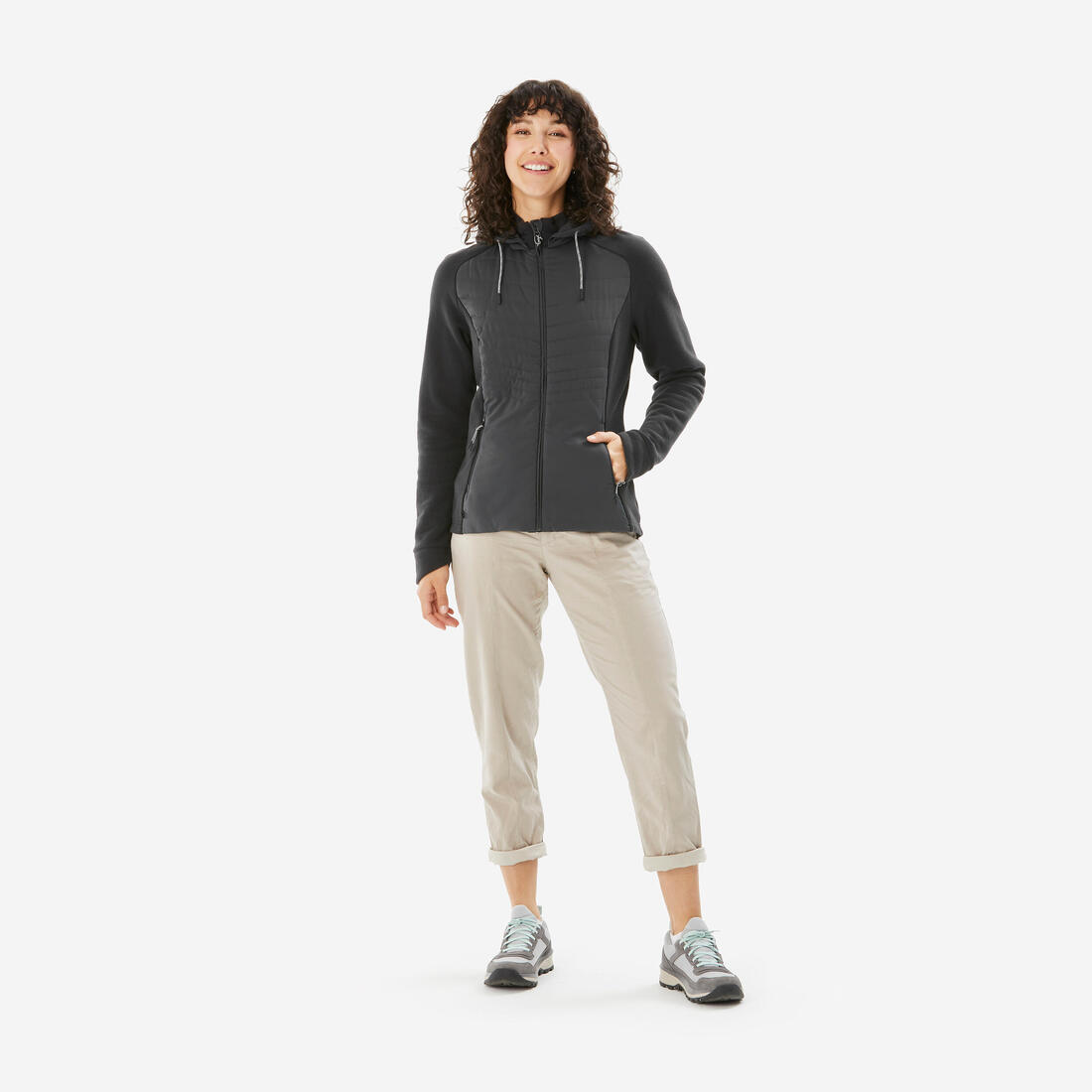 Sweat à capuche de randonnée femme, NH500 Hybrid noir