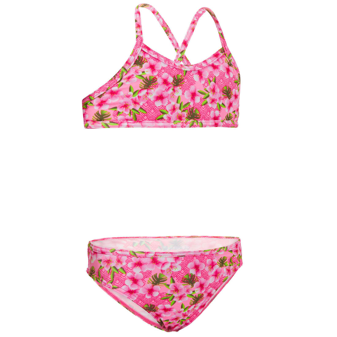 Maillot 2 pièces fleuri surf bretelles croisées fille – rose bubblegum fluo